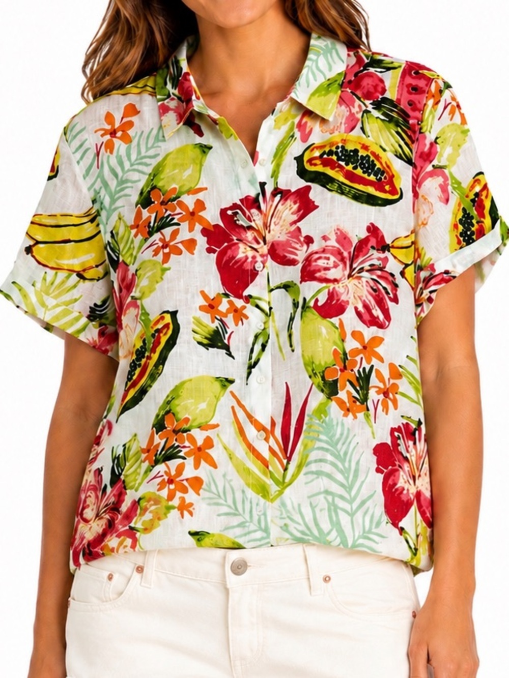 C&C California Tropical Fruit Floral 100% Linen Boxy Button Up Top L